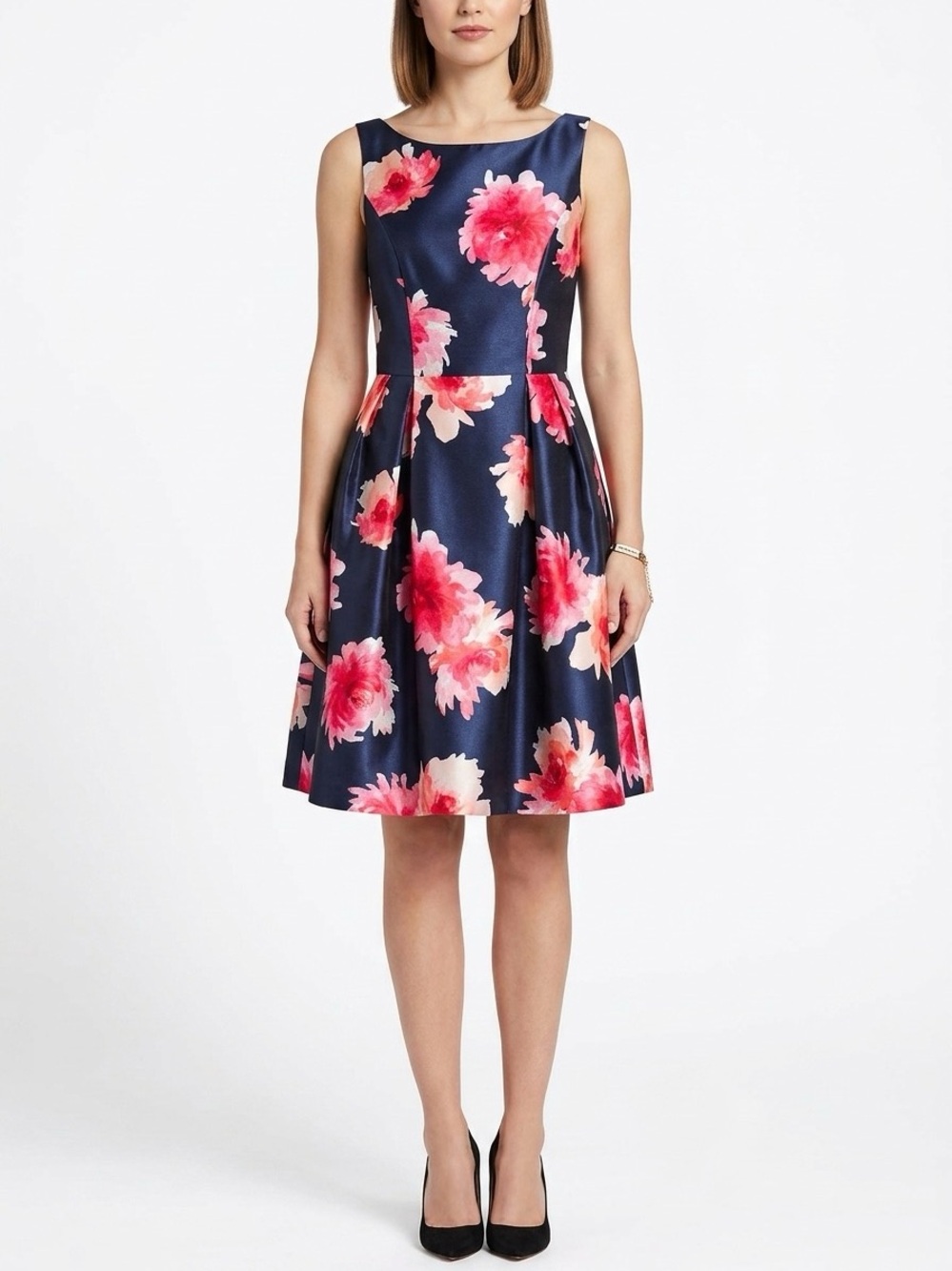 Jessica Howard Navy Pink Floral sleeveless Dress Sz 6 Double lined skirt knee